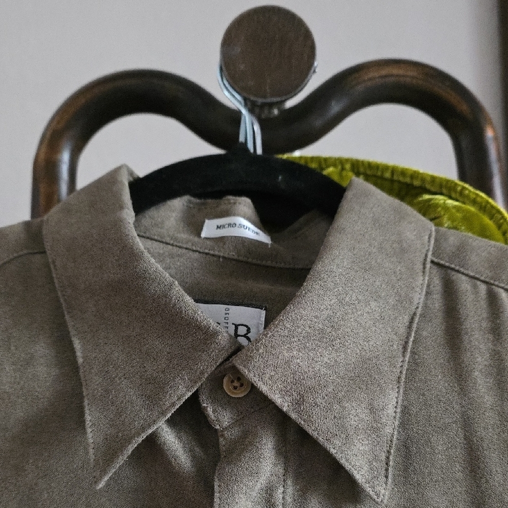 Geoffrey Beene Khaki Olive Microsueded Button Down Shirt Relaxed Large - Picture 14 of 14